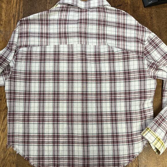 POL womens sz large long sleeve top raw edges red yellow plaid button up shirt - Picture 5 of 7